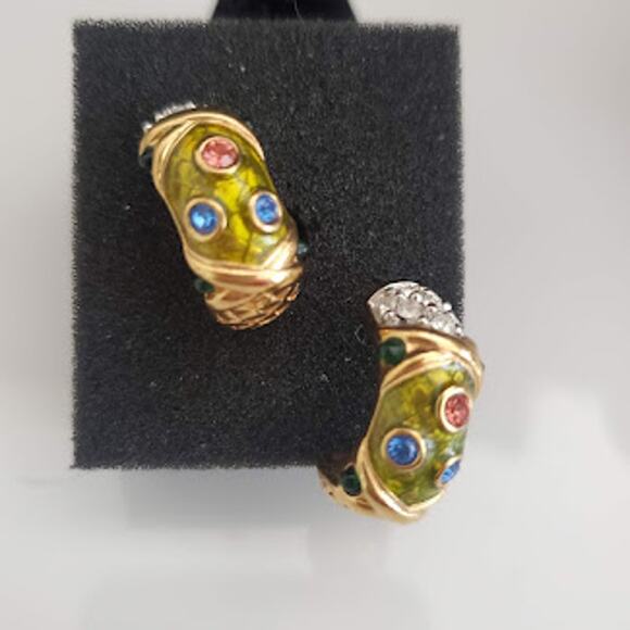 Swarovski Half Hoop Earrings Gold Plated Green Enamel Colored Crystals Signed - Picture 4 of 9